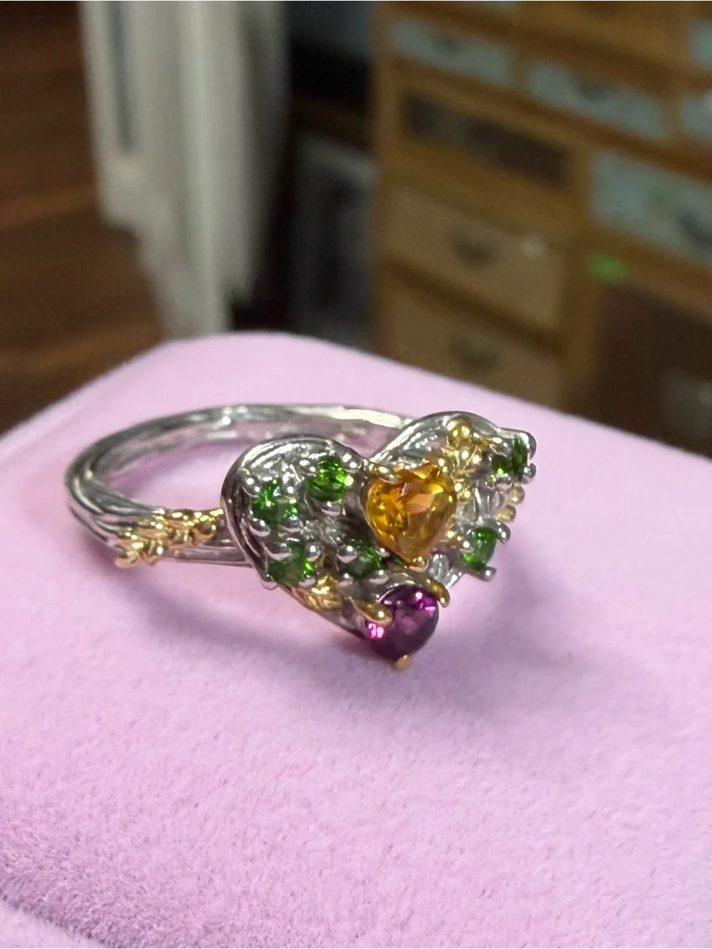 Natural Citrine Chrome Diopside & Garnet Heart Floral Twisted band Ring Sz 6.75